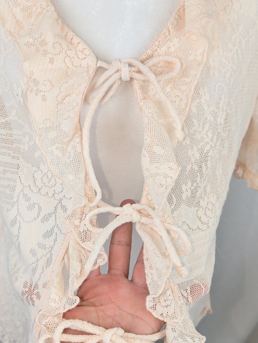 À La Une Pastel Pink Lace Ruffle Tie Front Coquette Cardigan Top Medium - Picture 9 of 15